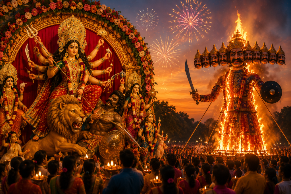 Goddess Durga with Navdurga forms during Navratri 2026 celebration with devotees, diyas, flowers and traditional decorations