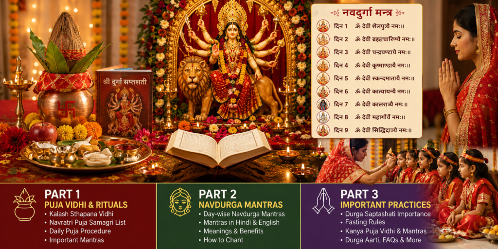 Devotees performing Navratri Puja at home with Kalash Sthapana, Maa Durga idol, diyas, flowers, and sacred offerings