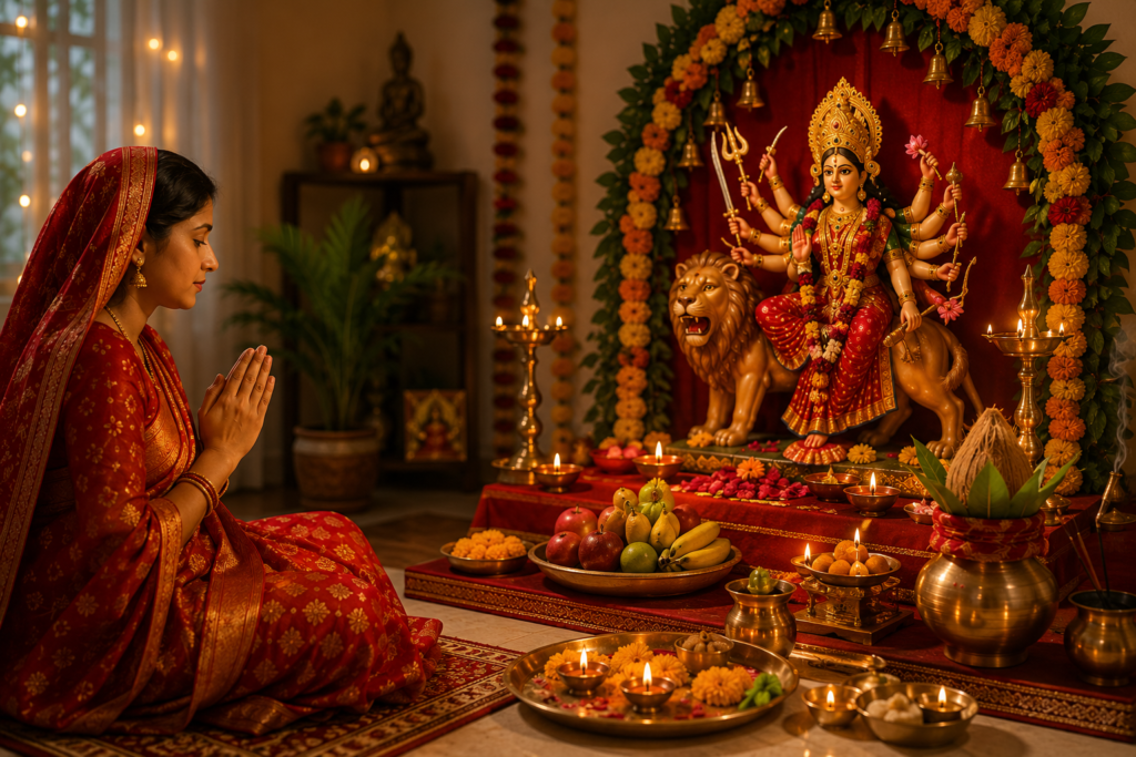 Devotees performing Navratri Puja at home with Kalash Sthapana, Maa Durga idol, diyas, flowers, and sacred offerings