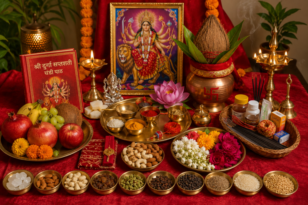 Goddess Durga seated on a lion with devotees performing Durga Ashtami Puja, Kalash, flowers, diyas, and sacred offerings