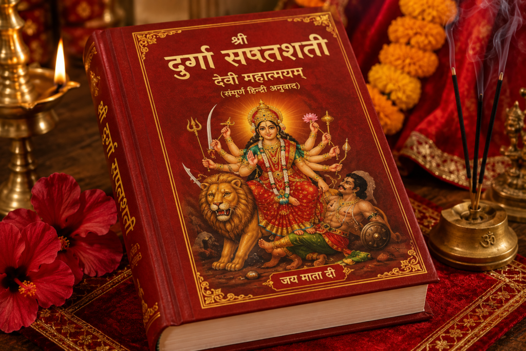 Devotees performing Navratri Puja at home with Kalash Sthapana, Maa Durga idol, diyas, flowers, and sacred offerings