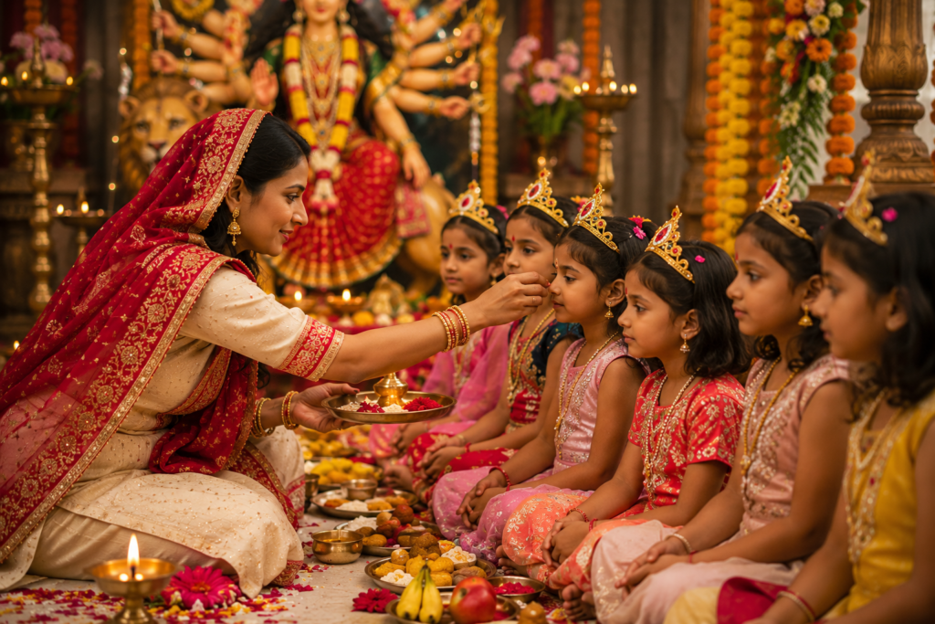 Devotees performing Navratri Puja at home with Kalash Sthapana, Maa Durga idol, diyas, flowers, and sacred offerings