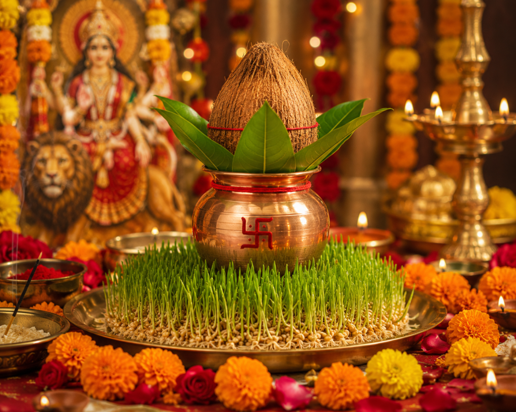 Devotees performing Navratri Puja at home with Kalash Sthapana, Maa Durga idol, diyas, flowers, and sacred offerings