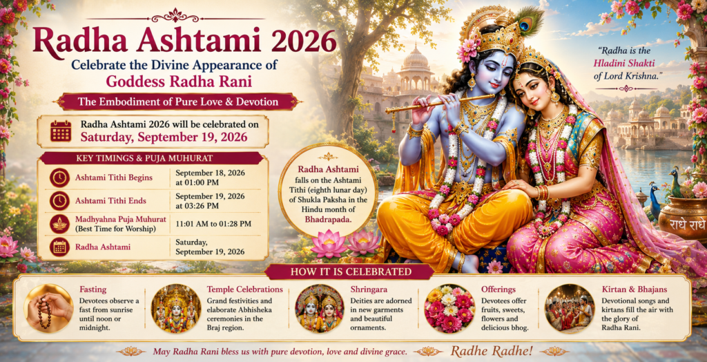 Goddess Radha and Lord Krishna during Radha Ashtami celebration with flowers and divine decorations
