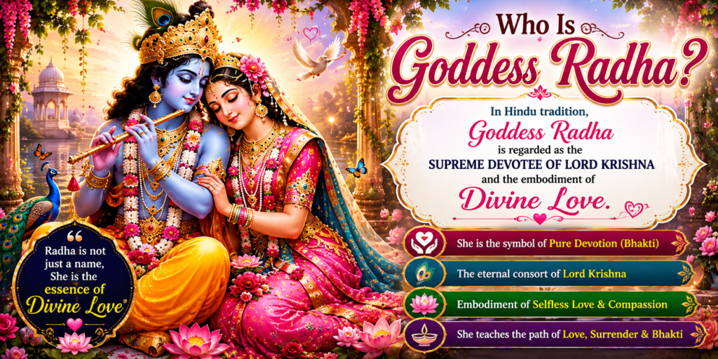 Goddess Radha and Lord Krishna during Radha Ashtami celebration with flowers and divine decorations