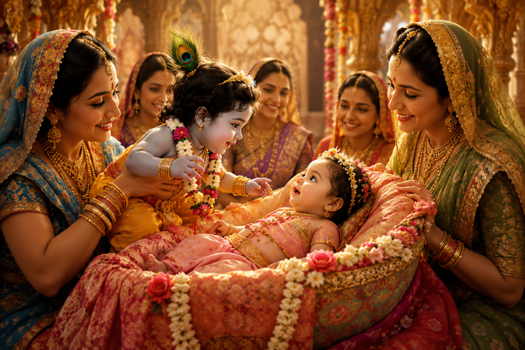 Radha Krishna worship during Radha Ashtami Puja with flowers, diyas, Panchamrit and devotional decorations
