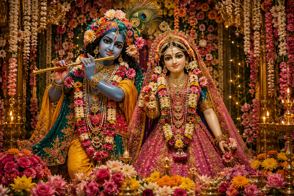 Goddess Radha and Lord Krishna during Radha Ashtami celebration with flowers and divine decorations