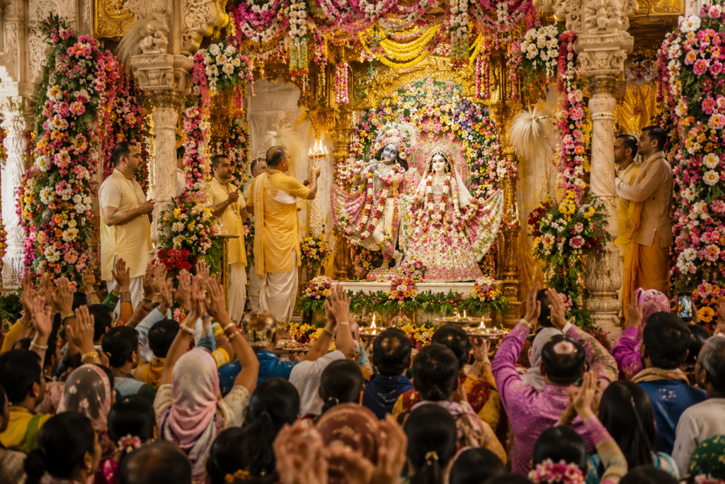 Goddess Radha and Lord Krishna during Radha Ashtami celebration with flowers and divine decorations