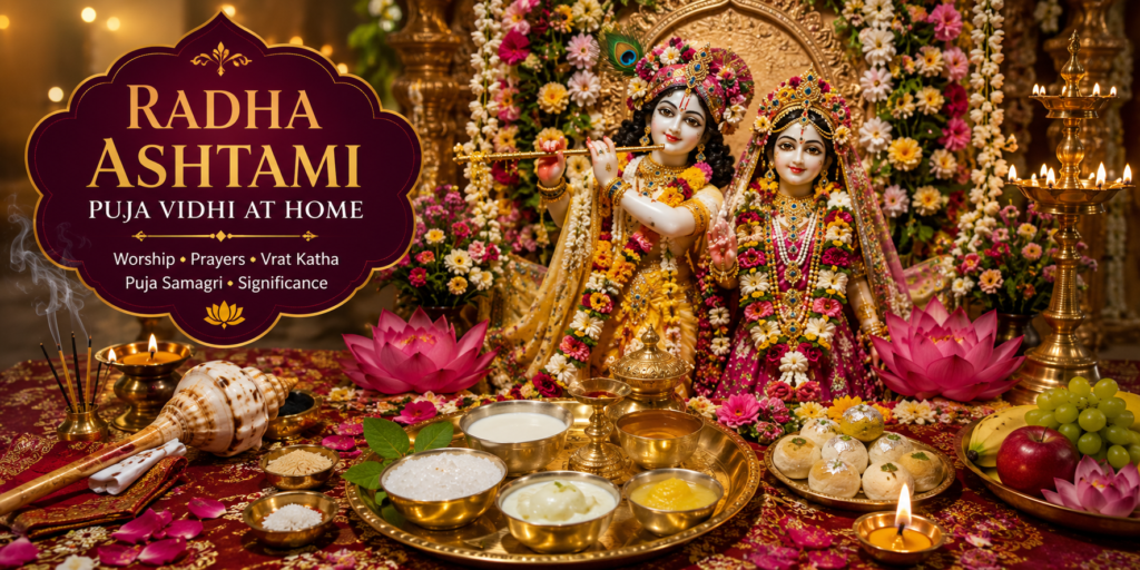 Radha Krishna worship during Radha Ashtami Puja with flowers, diyas, Panchamrit and devotional decorations