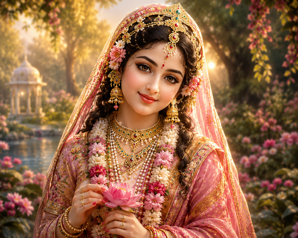 Radha Krishna worship during Radha Ashtami Puja with flowers, diyas, Panchamrit and devotional decorations