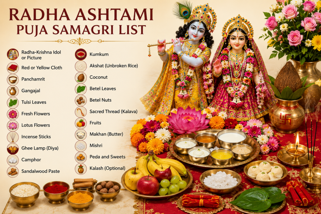 Radha Krishna worship during Radha Ashtami Puja with flowers, diyas, Panchamrit and devotional decorations