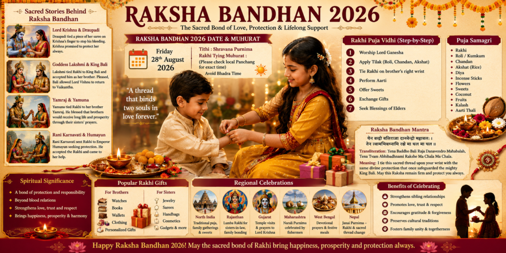 Sister tying a sacred Rakhi on her brother's wrist during Raksha Bandhan 2026 with a traditional puja thali and festive decorations