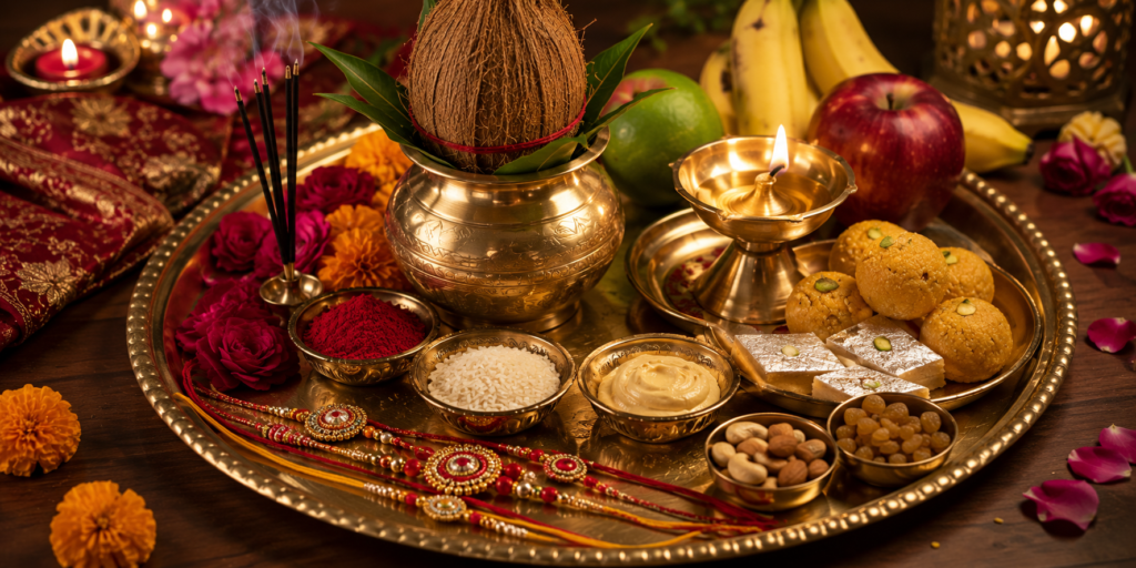 Sister tying a sacred Rakhi on her brother's wrist during Raksha Bandhan 2026 with a traditional puja thali and festive decorations