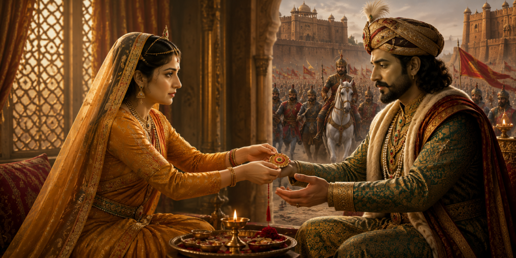 Sister tying a sacred Rakhi on her brother's wrist during Raksha Bandhan 2026 with a traditional puja thali and festive decorations
