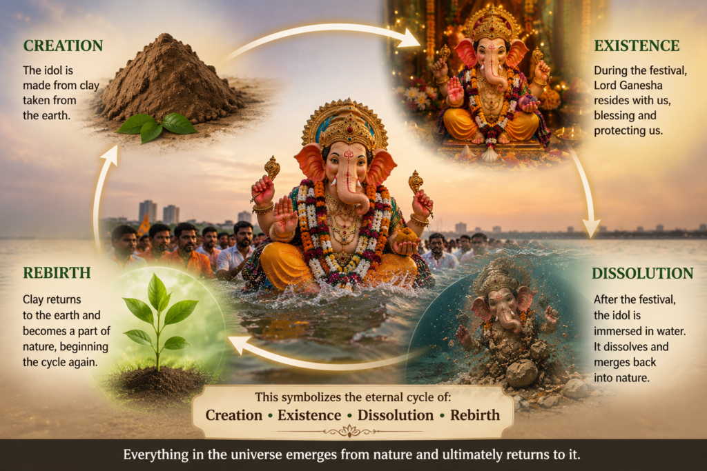 Ganesh Visarjan symbolizes Lord Ganesha's return to Mount Kailash and teaches the spiritual wisdom of letting go and embracing life's natural cycles.
