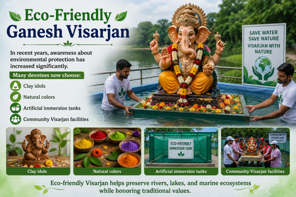 Devotees performing Ganesh Visarjan by immersing Lord Ganesha idol in water during Ganesh Chaturthi