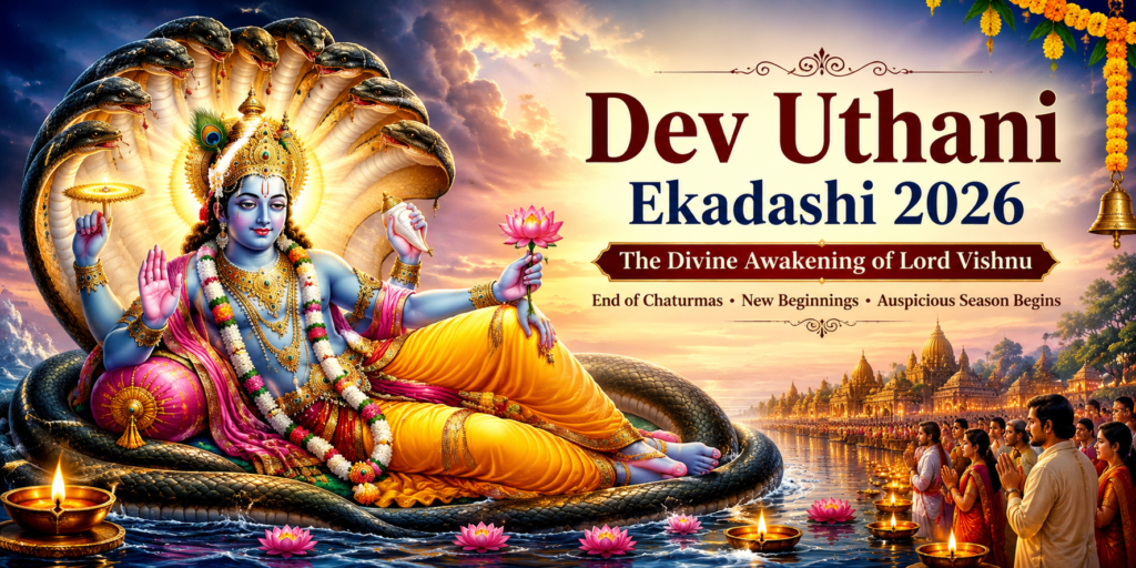 Lord Vishnu awakening from Yoga Nidra on Sheshnag during Dev Uthani Ekadashi 2026 with devotees offering prayers