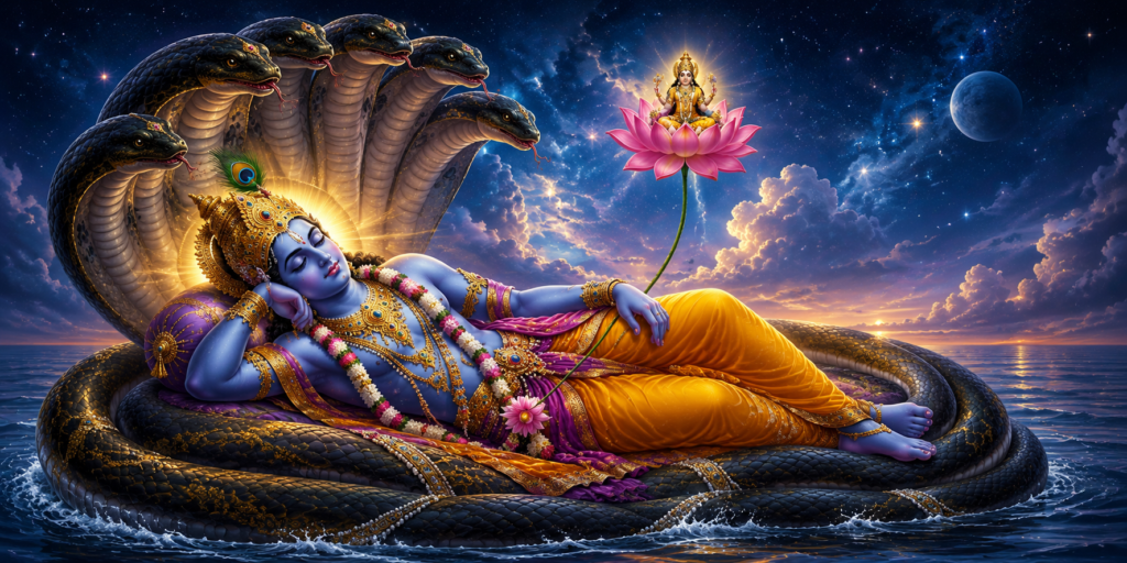 Lord Vishnu awakening from Yoga Nidra on Sheshnag during Dev Uthani Ekadashi 2026 with devotees offering prayers