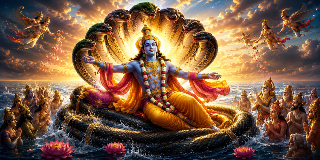 Lord Vishnu awakening from Yoga Nidra on Sheshnag during Dev Uthani Ekadashi 2026 with devotees offering prayers