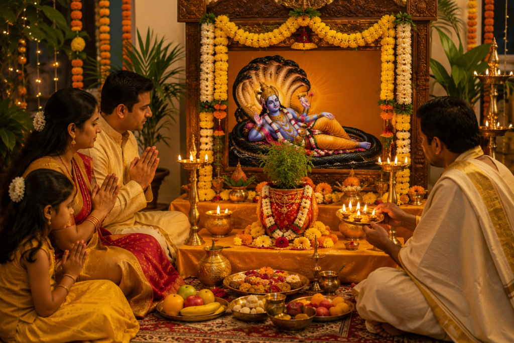 Lord Vishnu awakening from Yoga Nidra on Sheshnag during Dev Uthani Ekadashi 2026 with devotees offering prayers