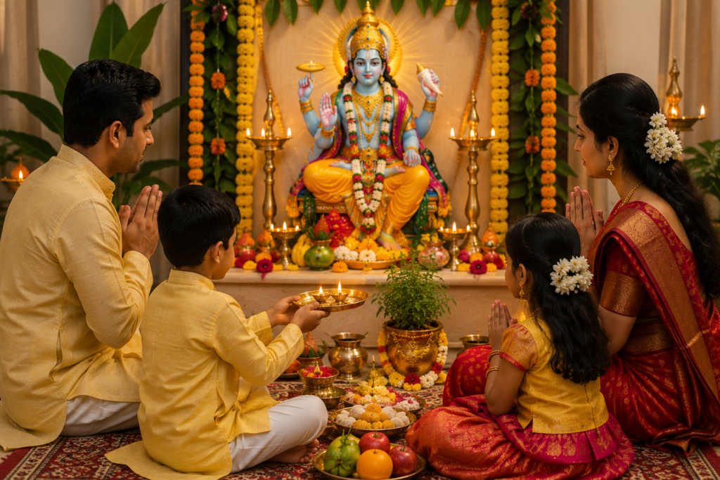 Lord Vishnu awakening from Yoga Nidra on Sheshnag during Dev Uthani Ekadashi 2026 with devotees offering prayers
