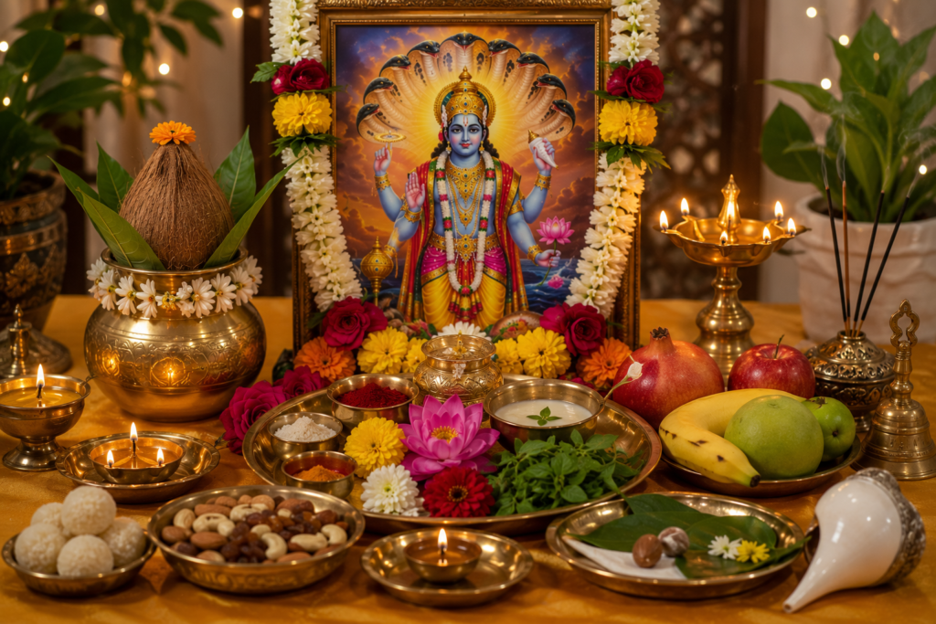 Lord Vishnu awakening from Yoga Nidra on Sheshnag during Dev Uthani Ekadashi 2026 with devotees offering prayers