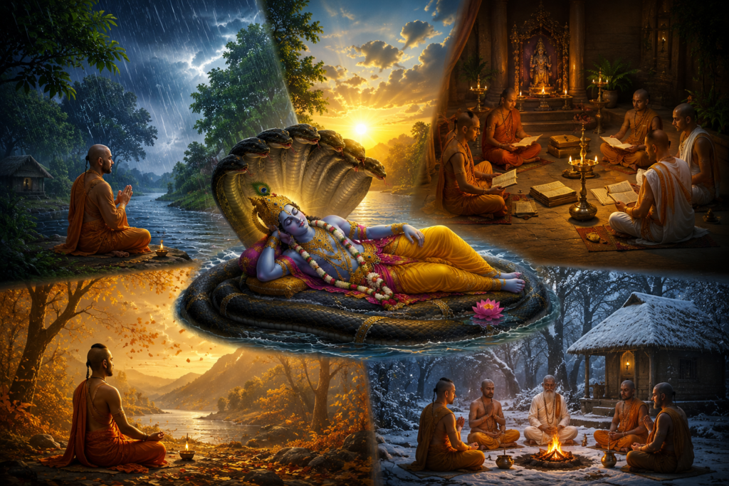 Lord Vishnu awakening from Yoga Nidra on Sheshnag during Dev Uthani Ekadashi 2026 with devotees offering prayers