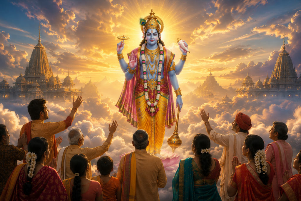 Lord Vishnu awakening from Yoga Nidra on Sheshnag during Dev Uthani Ekadashi 2026 with devotees offering prayers