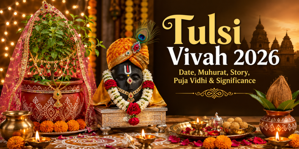 Beautifully decorated Tulsi plant dressed as a bride beside Lord Vishnu in Shaligram form during the Tulsi Vivah 2026 ceremony