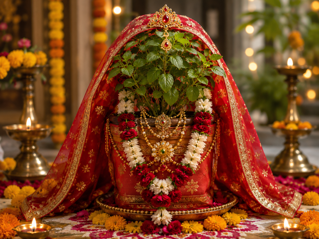Beautifully decorated Tulsi plant dressed as a bride beside Lord Vishnu in Shaligram form during the Tulsi Vivah 2026 ceremony