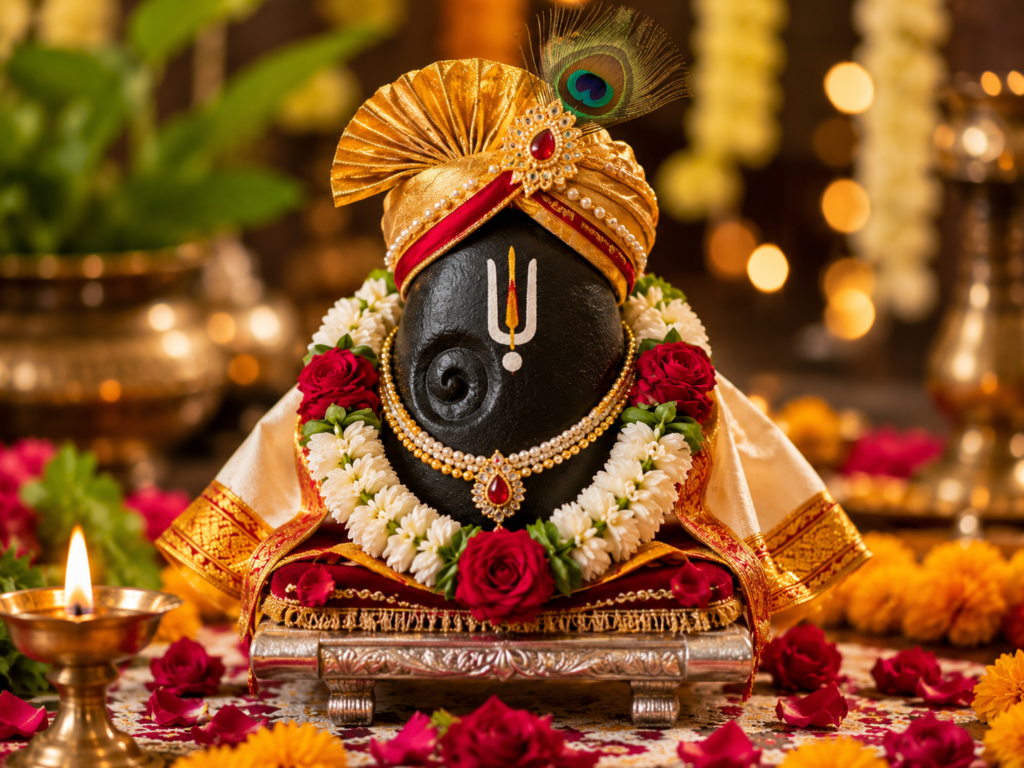 Beautifully decorated Tulsi plant dressed as a bride beside Lord Vishnu in Shaligram form during the Tulsi Vivah 2026 ceremony