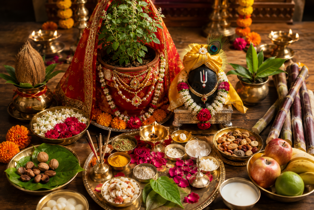 Beautifully decorated Tulsi plant dressed as a bride beside Lord Vishnu in Shaligram form during the Tulsi Vivah 2026 ceremony