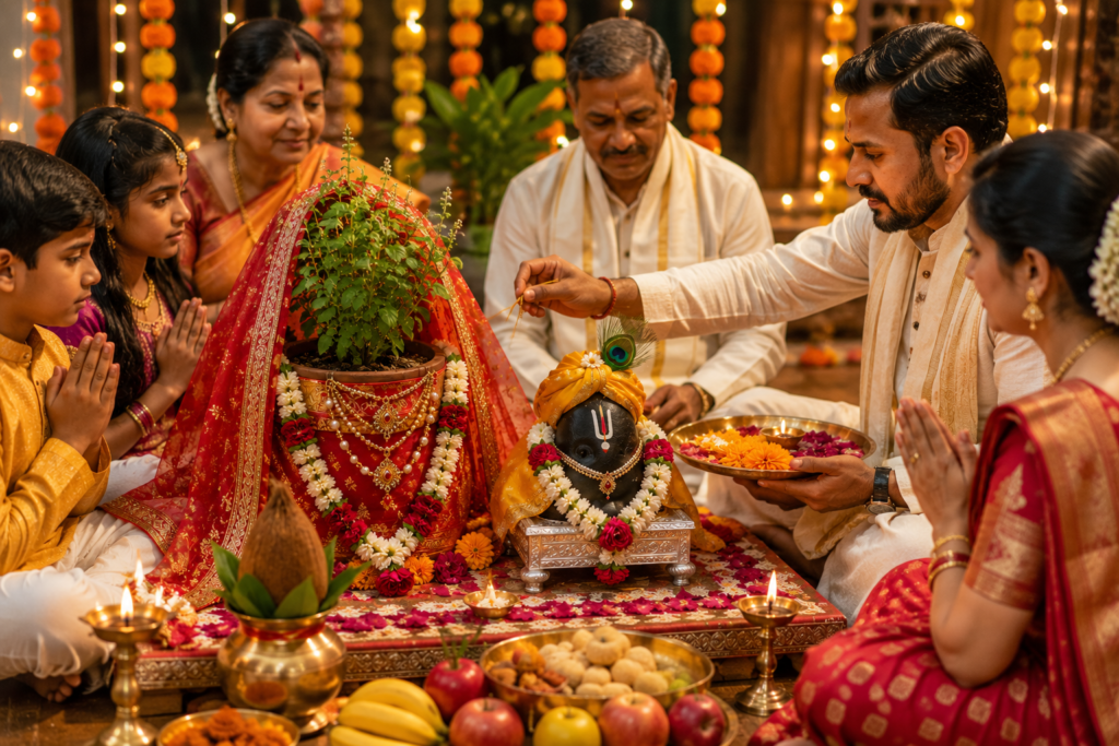 Beautifully decorated Tulsi plant dressed as a bride beside Lord Vishnu in Shaligram form during the Tulsi Vivah 2026 ceremony