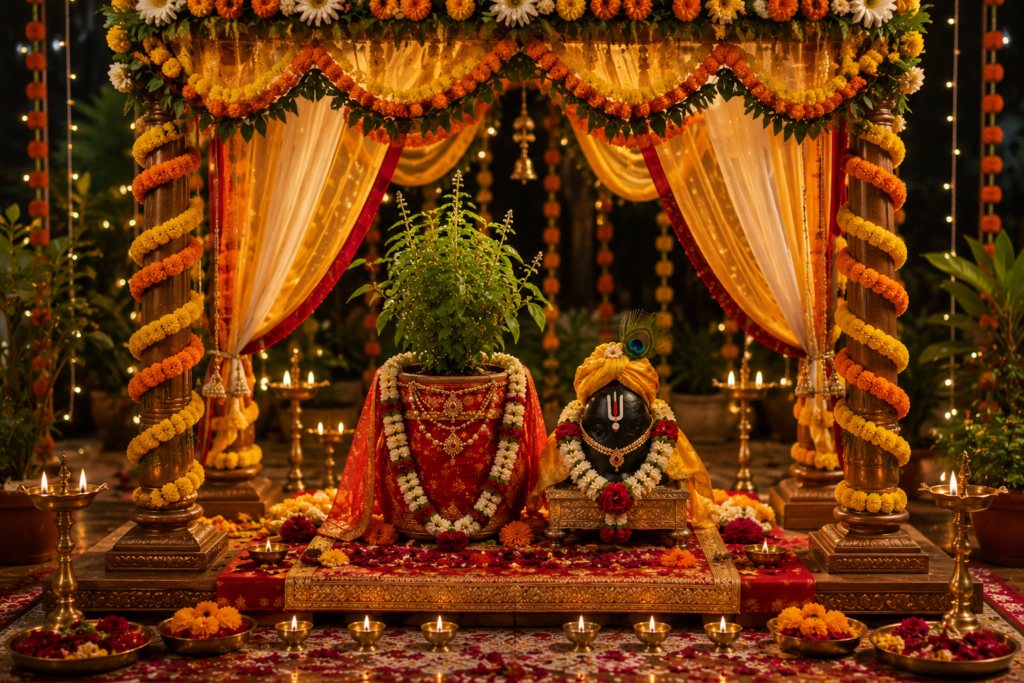 Lord Vishnu awakening from Yoga Nidra on Sheshnag during Dev Uthani Ekadashi 2026 with devotees offering prayers