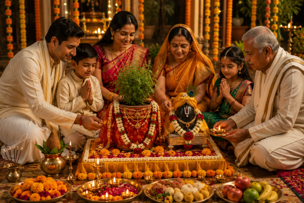 Beautifully decorated Tulsi plant dressed as a bride beside Lord Vishnu in Shaligram form during the Tulsi Vivah 2026 ceremony