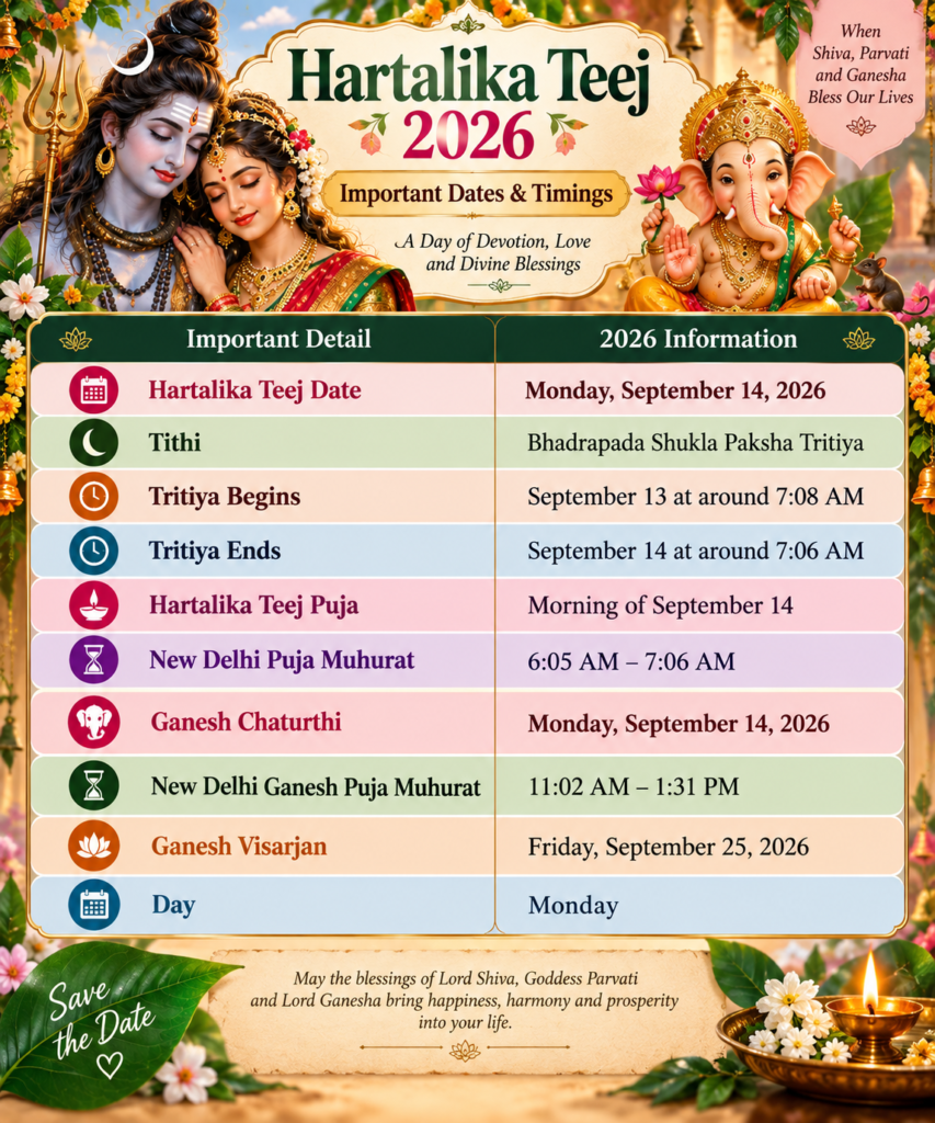 Hartalika Teej 2026 celebration with Lord Shiva, Goddess Parvati and Lord Ganesha