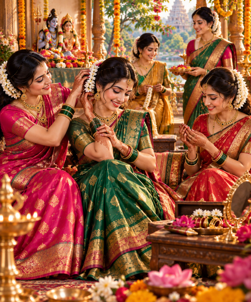 Women wearing colorful traditional sarees and jewelry during Hartalika Teej celebrations
