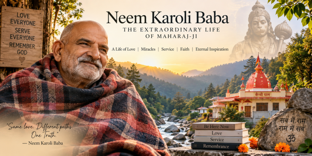 Neem Karoli Baba Maharaj Ji seated in his iconic blanket with Kainchi Dham in the Himalayan background