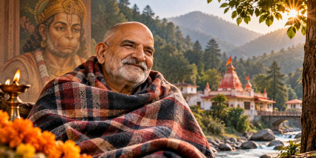 Neem Karoli Baba Maharaj Ji in a peaceful devotional setting