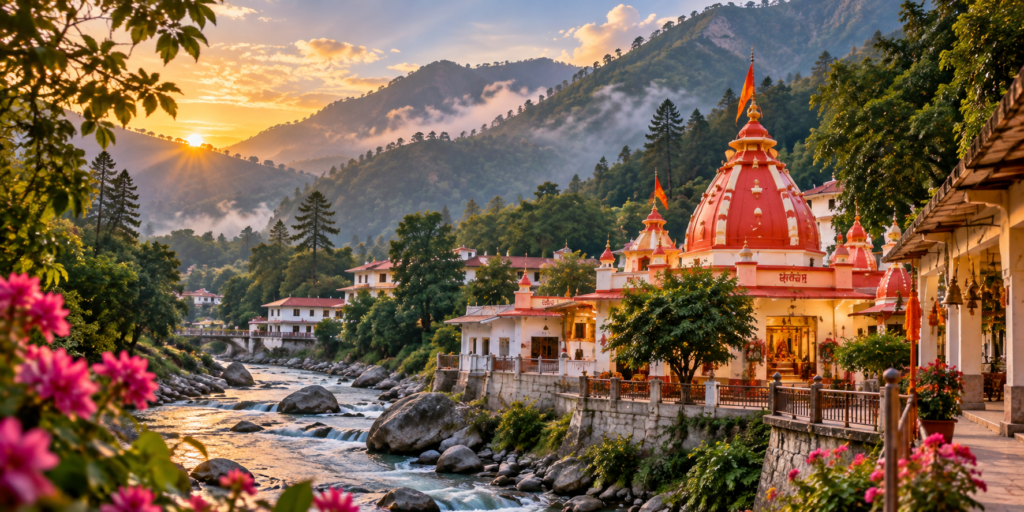Breathtaking view of Kainchi Dham temple surrounded by Himalayan mountains and forest