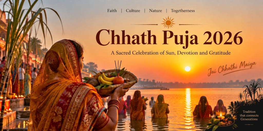 Chhath Puja 2026 devotees offering prayers to the rising Sun at a riverside ghat