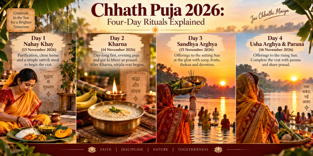 Chhath Puja 2026 devotees offering prayers to the rising Sun at a riverside ghat