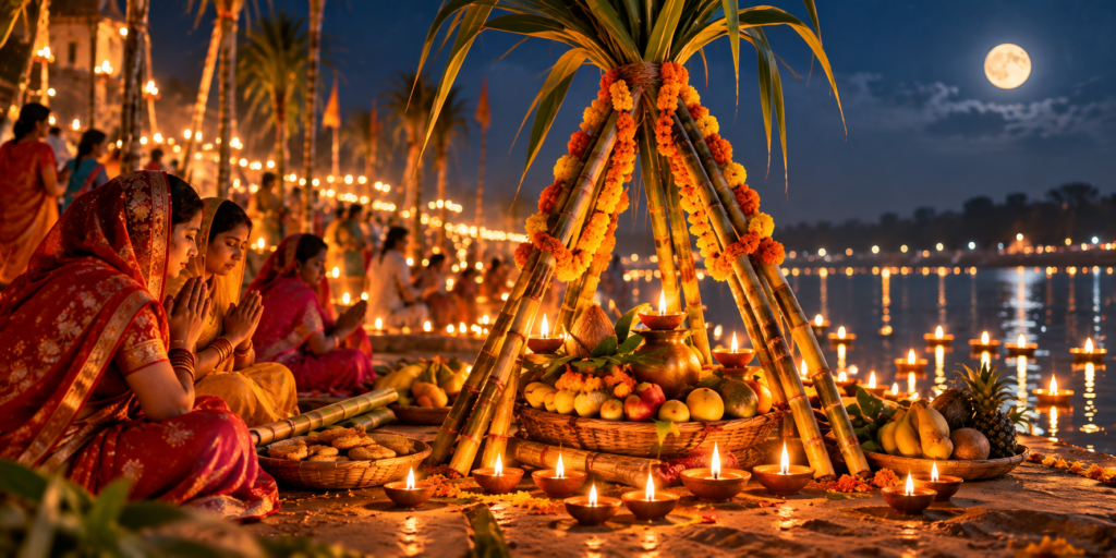 Chhath Puja 2026 devotees offering prayers to the rising Sun at a riverside ghat