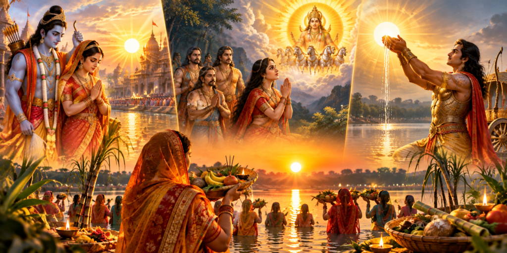 Chhath Puja 2026 devotees offering prayers to the rising Sun at a riverside ghat