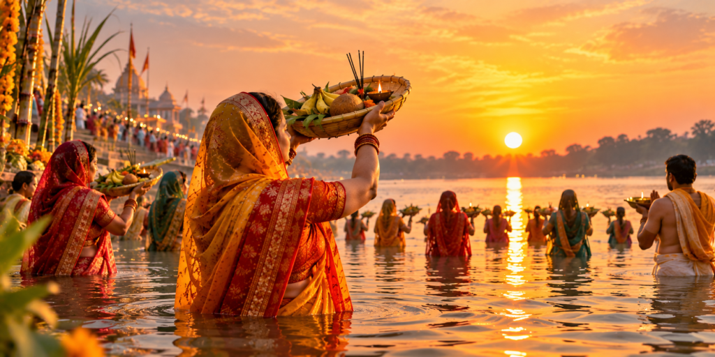 Chhath Puja 2026 devotees offering prayers to the rising Sun at a riverside ghat