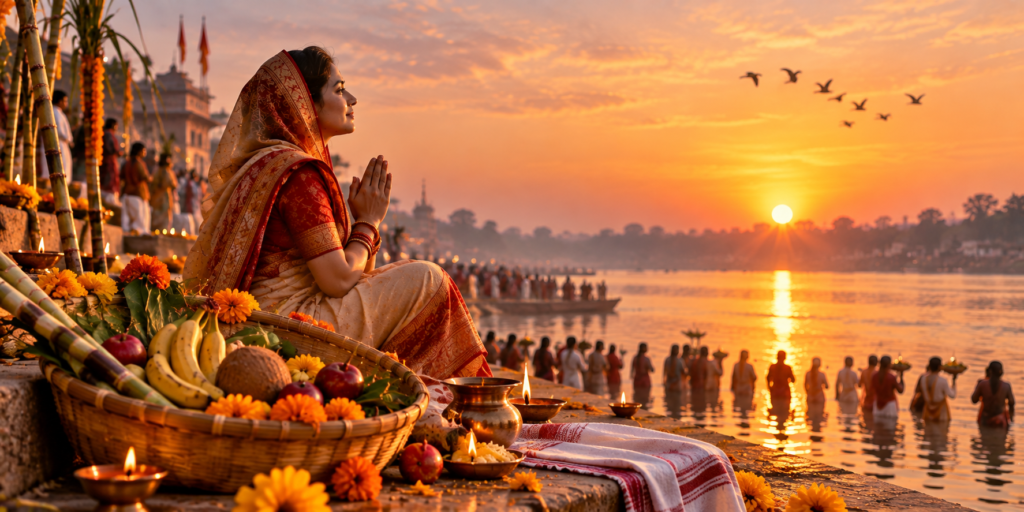 Chhath Puja 2026 devotees offering prayers to the rising Sun at a riverside ghat