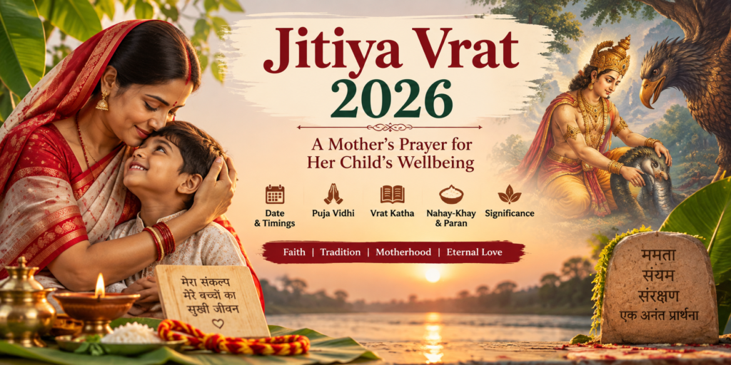 Jitiya Vrat 2026 scene showing a mother praying for her child's wellbeing with traditional rituals and Jivitputrika symbolism