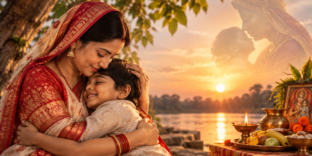 Mother lovingly embracing her child during Jitiya Vrat symbolizing maternal love and protection