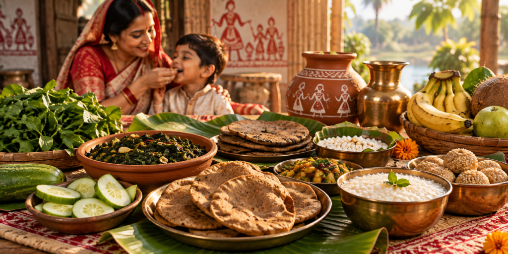 Traditional foods and offerings associated with Jitiya Vrat arranged on a festive Indian table