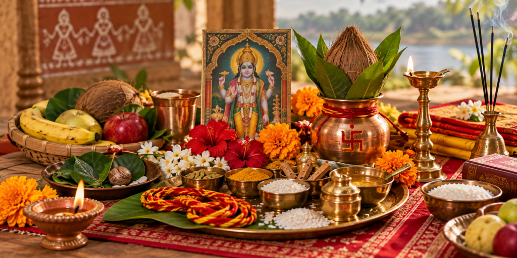 Jitiya Vrat puja samagri including diya, kalash, flowers, fruits, sacred thread, rice and traditional offerings